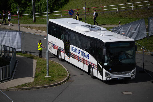 The team bus of Sweden arrives to the arena