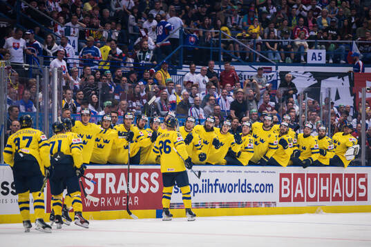 Rasmus Dahlin of Sweden celebrates