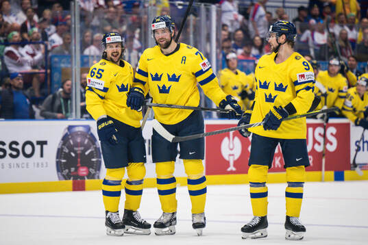 Erik Karlsson, Victor Hedman and Adrian Kempe of Sweden