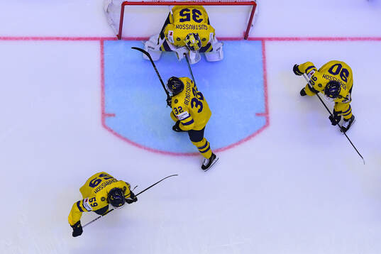 Lukas Bengtsson and goaltender Filip Gustavsson of Sweden