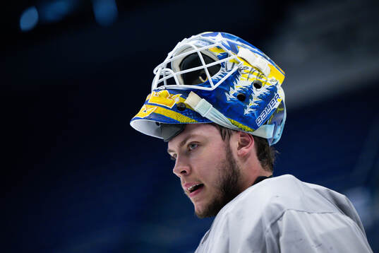 Goaltender Jesper Wallstedt of Sweden at a practice session