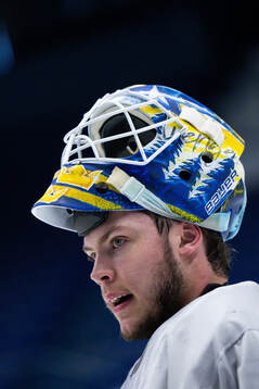 Goaltender Jesper Wallstedt of Sweden at a practice session