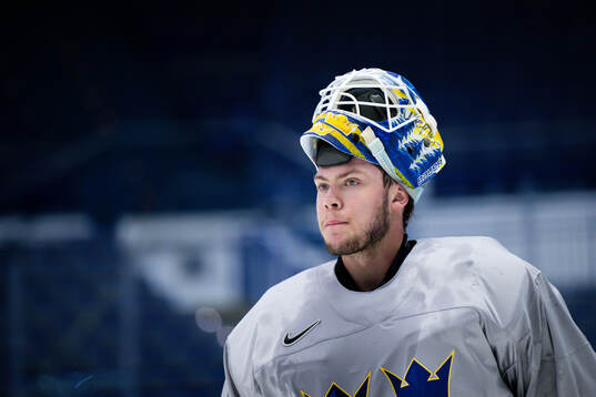 Goaltender Jesper Wallstedt of Sweden at a practice session