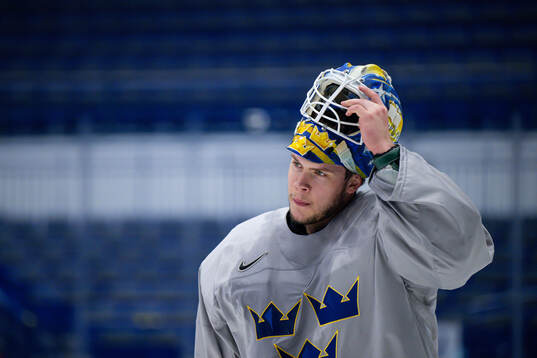 Goaltender Jesper Wallstedt of Sweden at a practice session