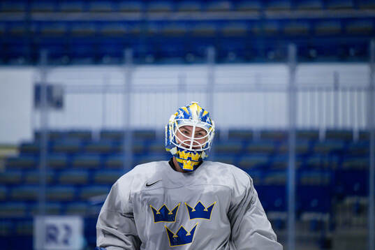 Goaltender Jesper Wallstedt of Sweden at a practice session