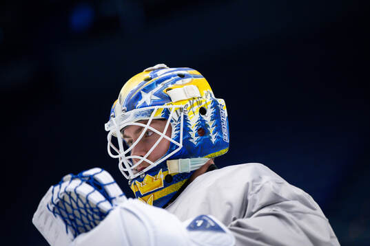 Goaltender Jesper Wallstedt of Sweden at a practice session