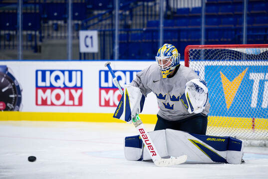 Goaltender Jesper Wallstedt of Sweden at a practice session