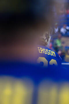 The back of goaltender Samuel Ersson of Sweden