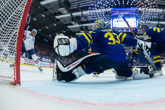 Louis Boudon of France against goaltender Samuel Ersson and