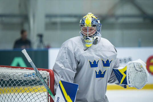 Goaltender Filip Gustavsson of Sweden at a practice session