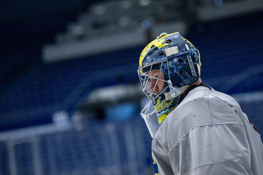 Goaltender Filip Gustavsson of Sweden at a practice session
