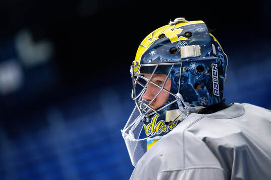 Goaltender Filip Gustavsson of Sweden at a practice session