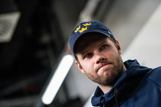 Goaltender Filip Gustavsson of Sweden is interviewed