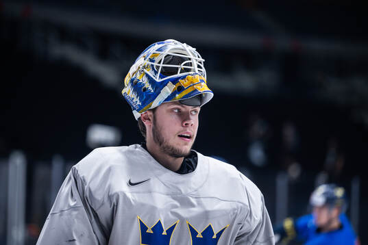 Goaltender Jesper Wallstedt of Sweden at a practice session