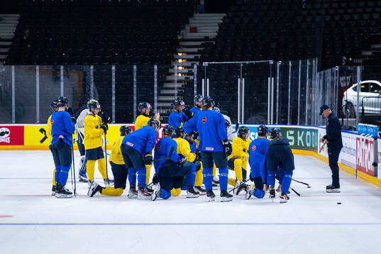The players of Sweden gather around assistant coach Nicklas