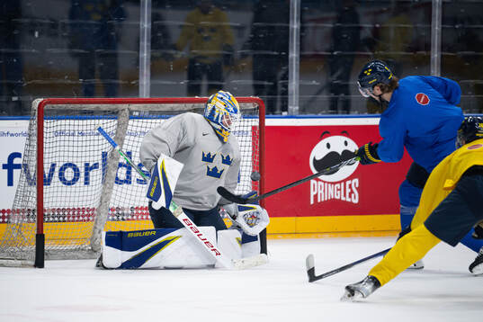 Goaltender Jesper Wallstedt of Sweden at a practice session