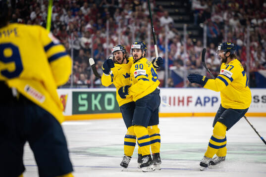 Erik Karlsson, Marcus Johansson and Victor Hedman of Sweden