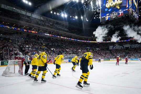 Marcus Pettersson of Sweden celebrates with team mates