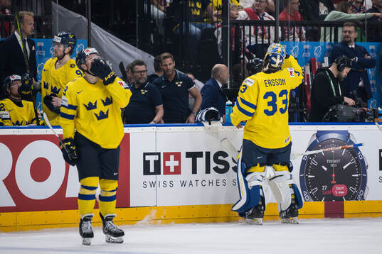 Goaltender Samuel Ersson of Sweden is substituted