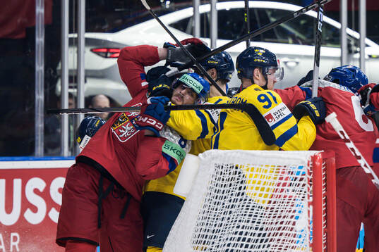 Joel Eriksson Ek of Sweden fights with Ondrej Beranek of