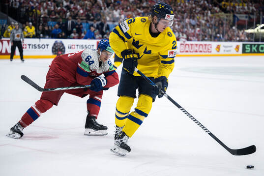 David Kämpf of Czech Republic and Rasmus Dahlin of Sweden