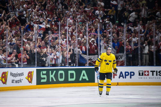 Jonas Brodin of Sweden looks dejected