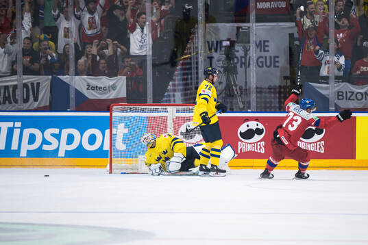 Goaltender Samuel Ersson and Tim Heed of Sweden look
