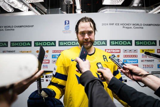 Victor Hedman of Sweden looks dejected in mixed zone