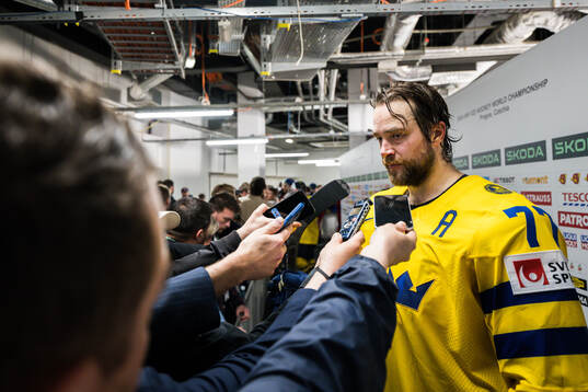 Victor Hedman of Sweden looks dejected in mixed zone