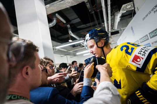 Rasmus Dahlin of Sweden looks dejected in mixed zone
