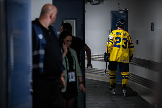 Lucas Raymond of Sweden leaves the mixed zone