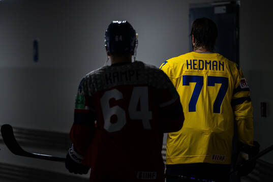 Victor Hedman of Sweden leaves the mixed zone