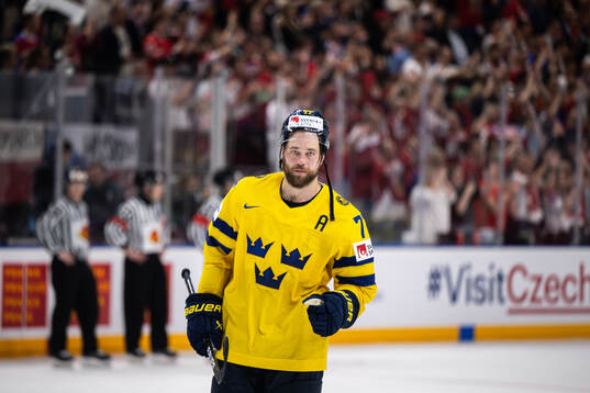 Victor Hedman of Sweden looks dejected
