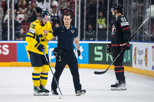Jonas Brodin of Sweden in pain