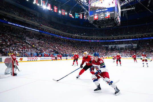 Dean Kukan of Switzerland and Ondrej Palat of Czech Republic
