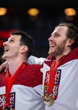 David Pastrnak of Czech Republic with his gold medal
