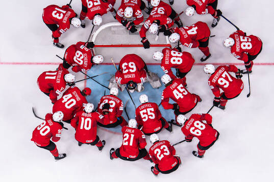 Players of Switzerland gather around goaltender Leonardo