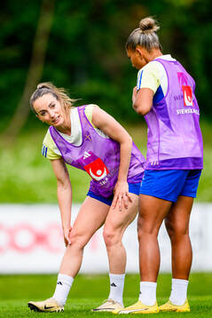 Kosovare Asllani and Madelen Janogy of Sweden at a training