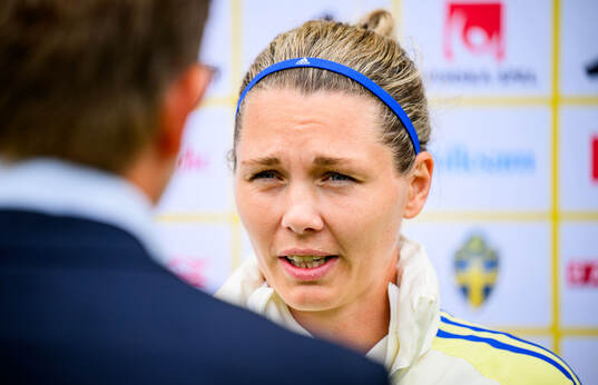 Goalkeeper Jennifer Falk of Sweden is interviewed by the