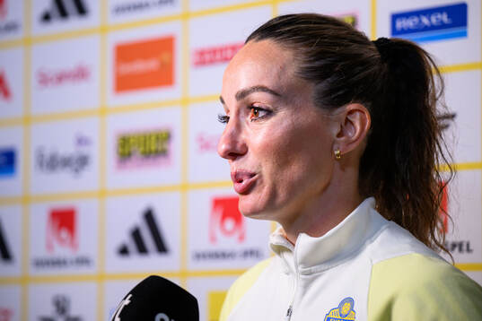 Kosovare Asllani of Sweden is interviewed by the media at a