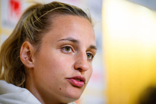 Nathalie Björn of Sweden is interviewed by the media at a