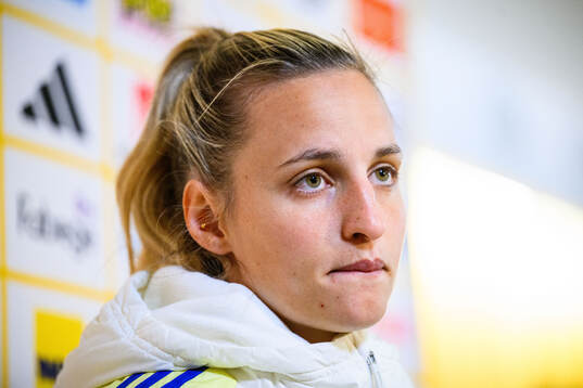 Nathalie Björn of Sweden is interviewed by the media at a