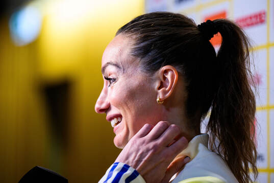 Kosovare Asllani of Sweden is interviewed by the media at a