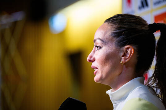 Kosovare Asllani of Sweden is interviewed by the media at a