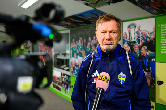 Head coach Peter Gerhardsson of Sweden is interviewed by