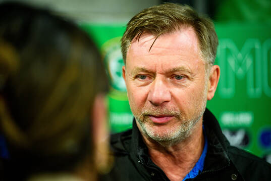 Head coach Peter Gerhardsson of Sweden is interviewed by