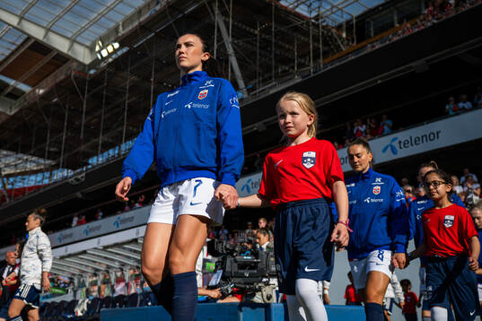 Ingrid Syrstad Engen of Norway enters the pitch