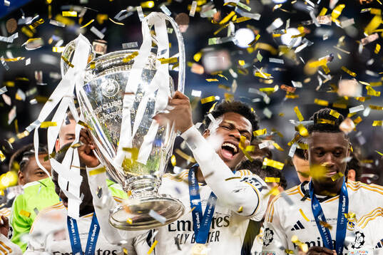 Aurelien Tchouameni of Real Madrid lifts the trophy
