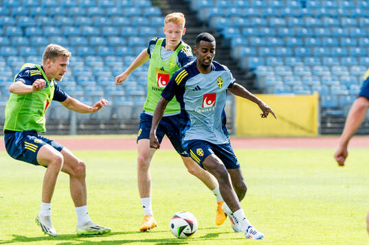 Carl Starfelt, Hugo Larsson and Alexander Isak of Sweden