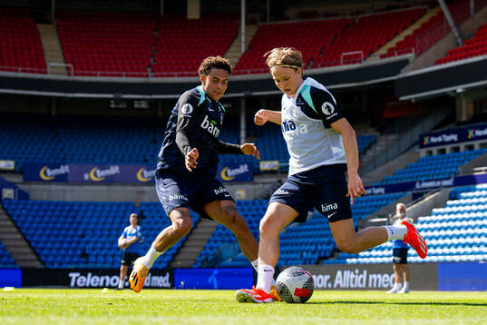 Antonio Nusa and Andreas Schjelderup of the Norwegian